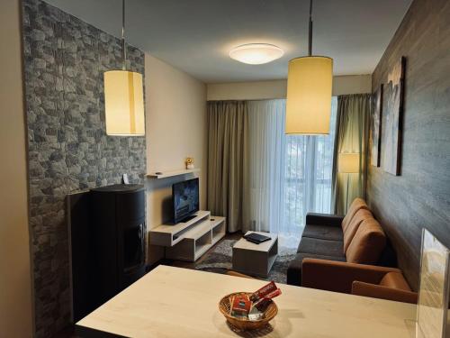 Hotel Crocus في ستربشكي بليسو: غرفة معيشة مع أريكة وتلفزيون