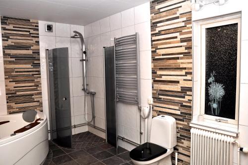 uma casa de banho com um chuveiro, um WC e um lavatório. em Nordic character em Vidsel