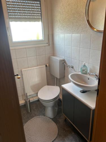 a bathroom with a toilet and a sink at Ferienwohnung Bodensee LA in Langenargen