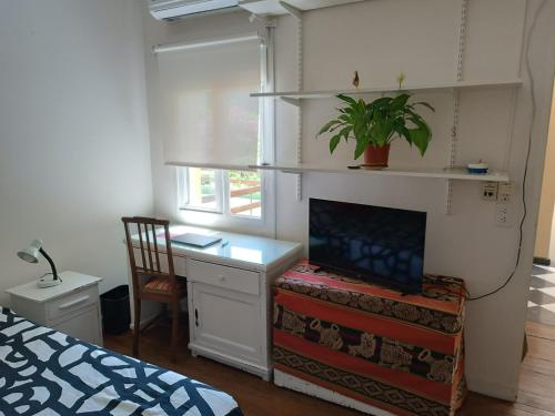 a bedroom with a desk with a computer and a plant at La casa de María in Buenos Aires