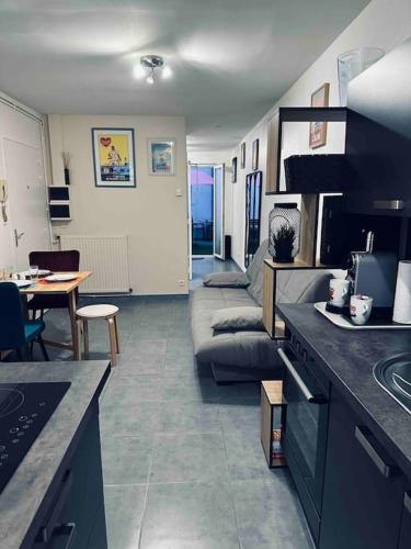 a living room with a couch and a table at Studio 3 personnes centre ville, avec cour in Calais