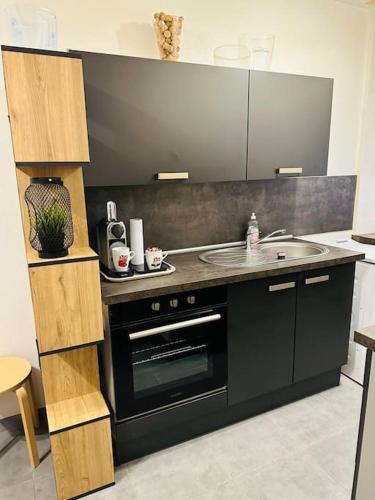 une cuisine avec un évier et un plan de travail dans l'établissement Studio 3 personnes centre ville, avec cour, à Calais