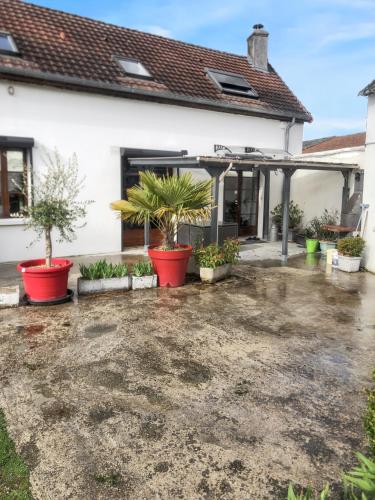 uma casa com vasos de plantas em frente em Maison de 3 chambres avec jardin clos et wifi a Bergeres les Vertus em Bergères-lès-Vertus