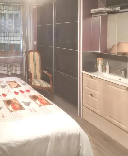 um quarto com uma cama e uma cozinha com um lavatório em Maison de 3 chambres avec jardin clos et wifi a Bergeres les Vertus em Bergères-lès-Vertus