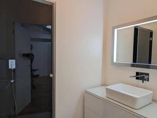 une salle de bain avec un lavabo, un miroir et une douche dans l'établissement R'Apparts T3 Montreuil Sky Loft, à Montreuil
