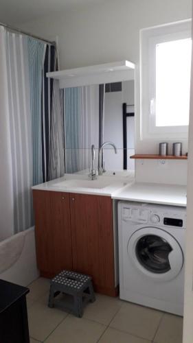 une cuisine avec un évier et une machine à laver dans l'établissement Chalet dans résidence de vacances, 3 chambres, piscines, jacuzzi, au bord du lac, à Parentis-en-Born