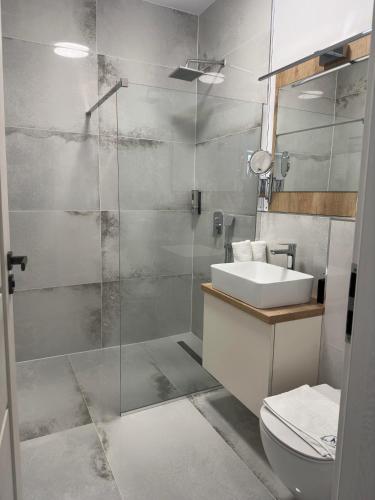 a bathroom with a toilet and a sink and a shower at MCity Hotel in Arad