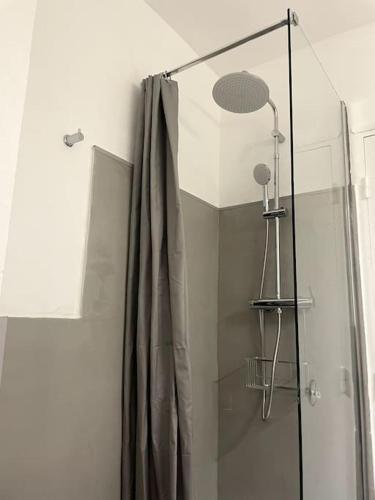 une douche avec un rideau de douche dans une salle de bain dans l'établissement Cosy T2 au coeur de Port-Grimaud dans le Golf de St Tropez, à Grimaud