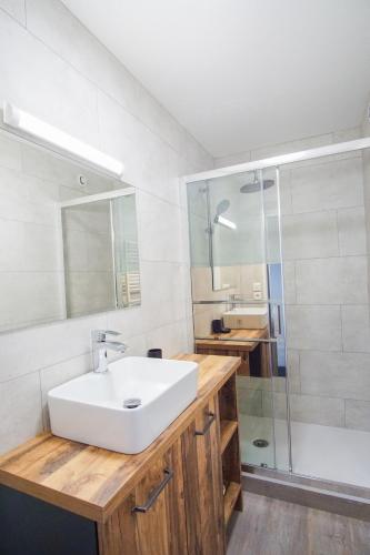 une salle de bain avec un lavabo blanc et une douche dans l'établissement -Octant-Magnifique T1bis a Port La Foret Fouesnant, à La Forêt-Fouesnant
