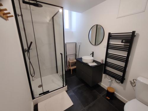 a bathroom with a shower and a sink at Appartement EMILiA Centre ville in Vitré