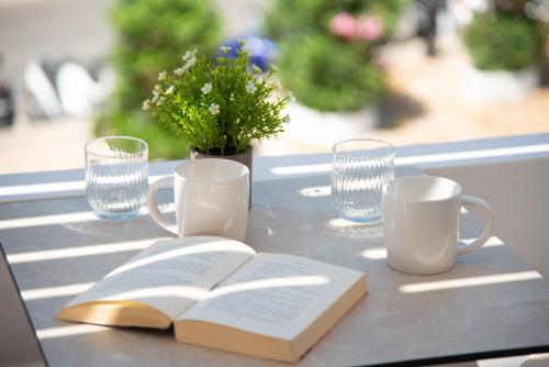 a table with two books and two cups and a plant at Porte Accommodation in Kamarai