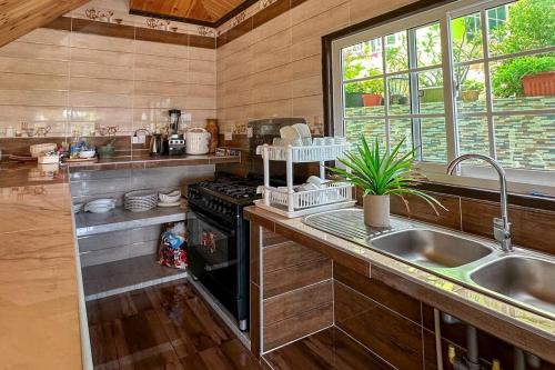 a kitchen with a sink and a stove at La Villa Hortensia 3 - 8 personnes in La Digue