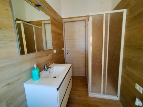 ein Badezimmer mit einem weißen Waschbecken und einer Dusche in der Unterkunft Appartamento sul mare in Francavilla al Mare