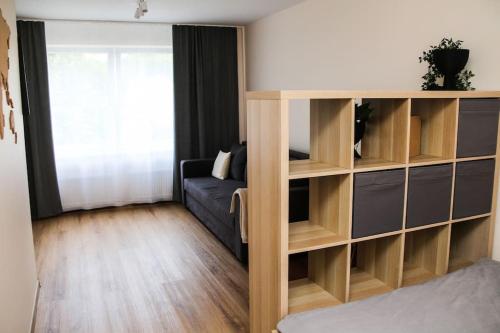 a living room with a couch and a book shelf at Ogre City Apartments in Ogre