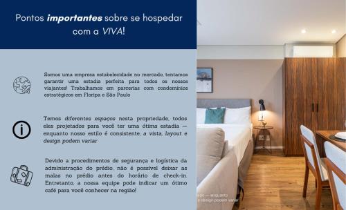 schermata di una camera d'albergo con letto e tavolo di Cannes Club Residence a 200m da praia, recém inaugurado a Florianópolis