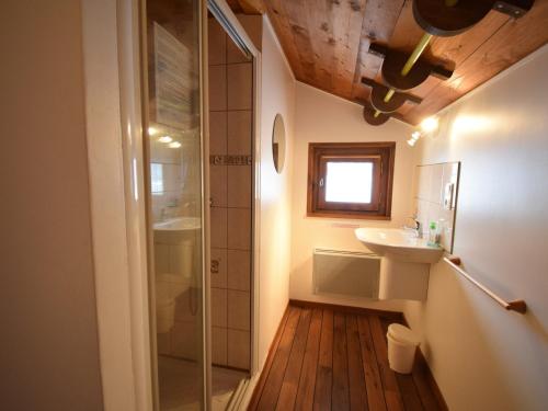 une salle de bain avec douche et lavabo dans l'établissement Chalet spacieux à quelques pas du centre et des pistes de Morzine, avec cheminée et terrasse. - FR-1-524-18, à Morzine