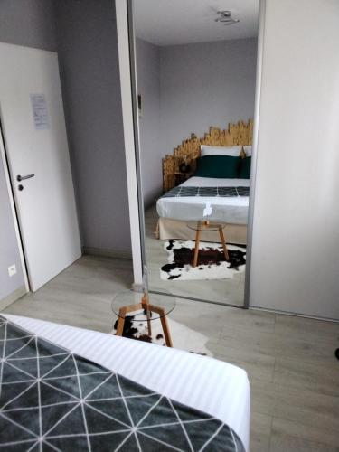 a bedroom with a bed and a mirror at La pause ô logis gourmande in Navarrenx