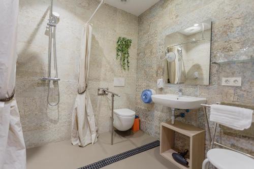 a bathroom with a shower and a sink and a toilet at Hostal Rodas Pamplona in Pamplona