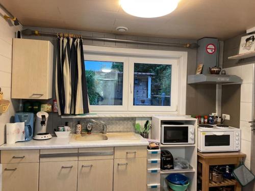 a kitchen with a sink and a window at Le petit Nid a Coxyde in Koksijde