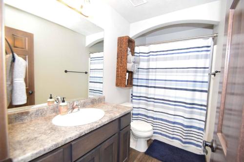 Un baño con lavabo, inodoro y ducha. en The Harrisburg Hideaway, en Harrisburg