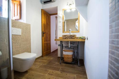 a bathroom with a sink and a toilet and a mirror at Casa Can Lluc con piscina, jardín y vista al campo in Sant Miquel de Balansat