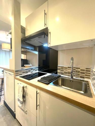 une cuisine avec un évier et une cuisinière dans l'établissement Le Petit Moulin, à Gradignan