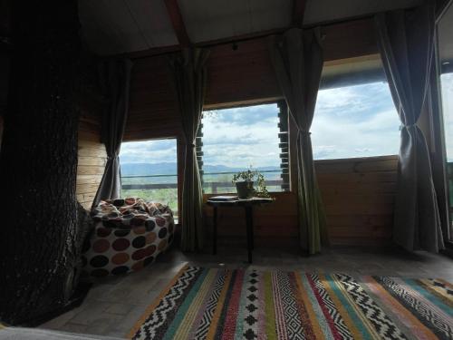 a room with a bed and a large window at Langaland Glamping in Susenii Bîrgăului