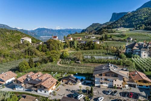 an aerial view of a village with a vineyard and a house at Chalet Schaller in Tesimo