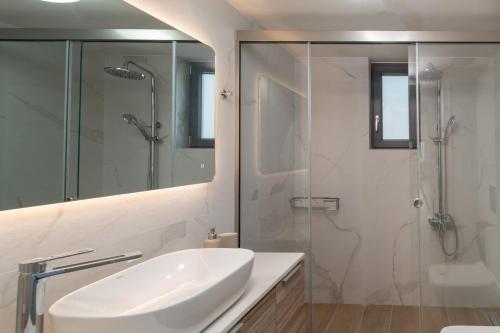 a white bathroom with a sink and a shower at Terra Della Salvia in Crete in Gournes