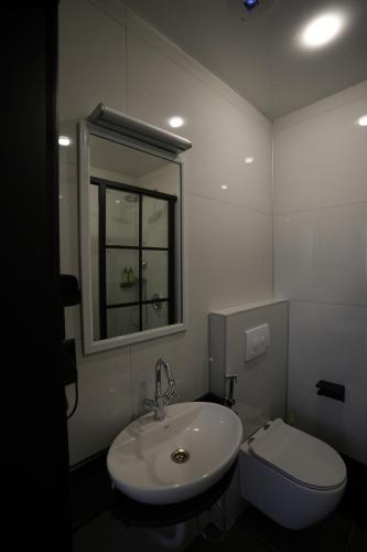 a bathroom with a sink and a toilet and a mirror at OLD BaTuMi in Batumi