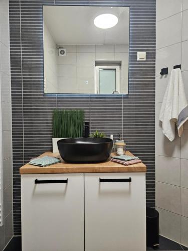 a bathroom with a sink and a mirror at Mali Raj - self check in in Osijek