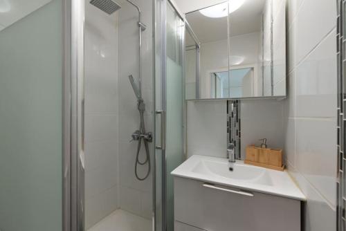 une salle de bain avec une douche, un lavabo et un miroir dans l'établissement Appartement rénové pour 6 avec parking, à Villeurbanne