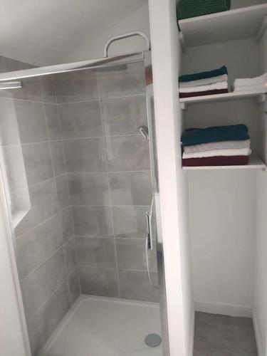 une douche avec une porte vitrée dans une salle de bain dans l'établissement La petite maison, à Saint-Antonin