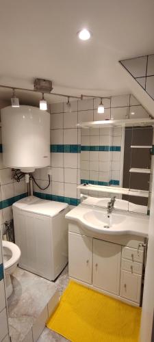 une salle de bain avec un lavabo, des toilettes et un miroir dans l'établissement Retreat Cosy Levallois, à Levallois-Perret