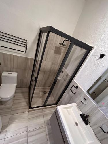 a bathroom with a shower and a toilet and a sink at Singular Reforma in Mexico City