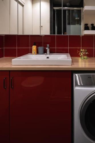 une cuisine avec un évier et une machine à laver dans l'établissement Appartement moderne proche Gare de Lyon, à Paris