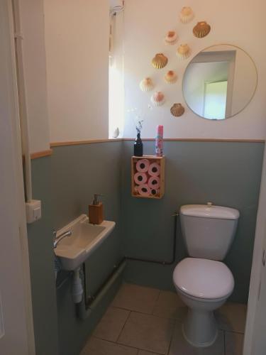 a bathroom with a toilet and a sink and a mirror at Château Machiel in Machiel