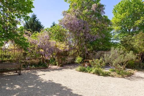 a park with two benches and trees with purple flowers at Gîte Glycine pour 8 personnes avec sauna et bain nordique in Capian