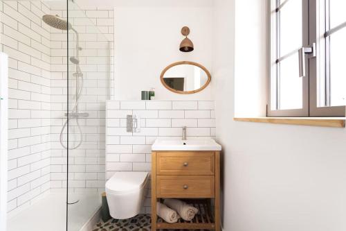 a bathroom with a sink and a toilet and a mirror at Gîte Glycine pour 8 personnes avec sauna et bain nordique in Capian