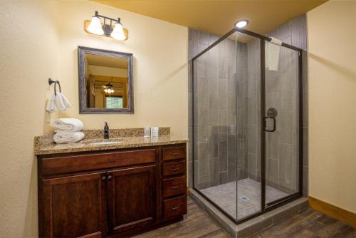 a bathroom with a shower and a sink at Mountain Palace by Eden Crest in Gatlinburg