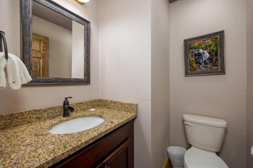a bathroom with a sink and a toilet and a mirror at Mountain Palace by Eden Crest in Gatlinburg