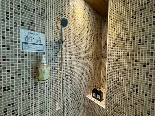 a tiled bathroom with a shower with a bottle on the wall at 日日藍旅市區民宿 in Hualien City