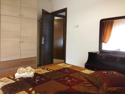 um quarto com uma cama com uma cómoda e uma televisão em Zanete's Lodge in Volos em Volos