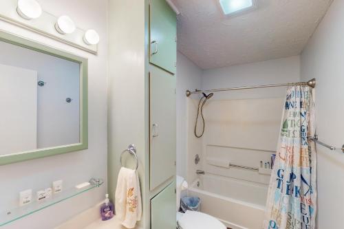 a bathroom with a shower and a toilet and a sink at Beechwood Cove in Moneta