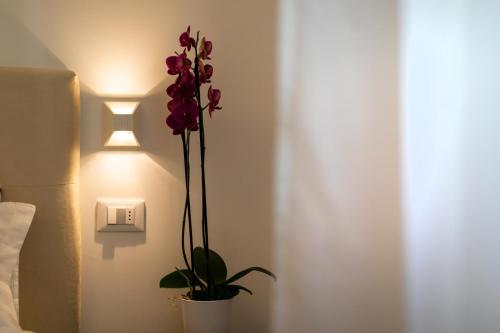 a plant in a white pot next to a light at Residence Diffuso Arcobaleno in Gabicce Mare