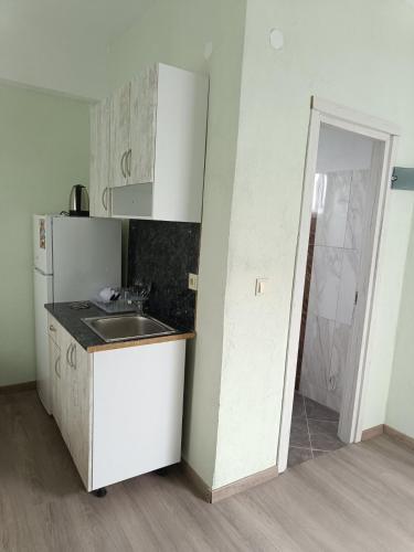 a kitchen with a sink and a white refrigerator at Oasis luxury apartments in Monastirákion