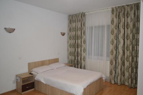 a small bedroom with a bed and a window at Pensiunea VisAventura in Vişan