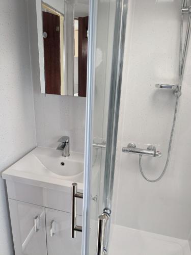 a white bathroom with a sink and a shower at L&g caravan hire 6 BERTH CORAL BEACH LAURA FAMILYS ONLY AND LEAD PERSON MUST BE OVER 30 in Ingoldmells