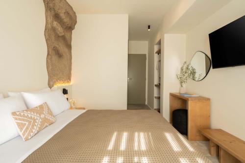 a bedroom with a bed and a tv on the wall at Philosophy of Mykonos Boutique Hotel in Mýkonos City