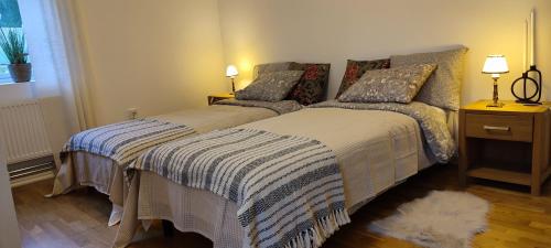 a bedroom with two beds and a window at Villa near the lake sauna boat big garden in Ryssby